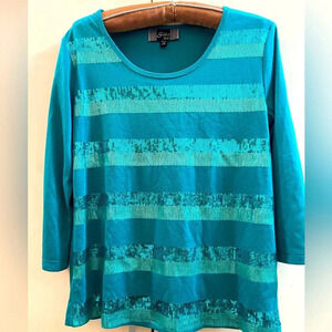 Slinky Brand Women's Turquoise Sequin Top blouse SZ XS
